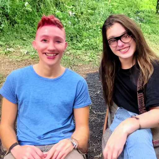 Prompt: a queer human named river sitting next to their friend who is also named river by a river