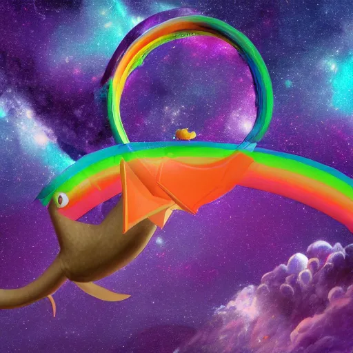 Prompt: a picture of the loch ness monster flying in space wearing rainbow colored slotted sunglasses, absurdism, ultrawide angle, stars in space, 4 k, artstation