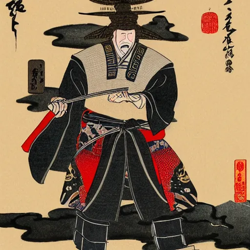 Image similar to joe biden dressed as a samurai in an edo period japanese ink block painting, 4 k, hyper realistic, dslr, high resolution, landscape, beautiful