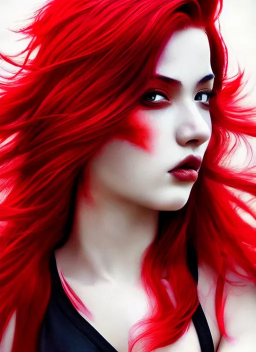 Prompt: photo of gorgeous woman with red and white half dye hair in the style of stefan kostic, realistic, half body shot, sharp focus, 8 k high definition, insanely detailed, intricate, elegant, art by stanley lau and artgerm, foggy backgeound
