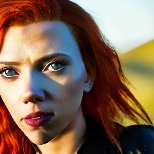 Prompt: close - up photo still of scarlett johansson black widow looking off into the distance, long red hair, black dress, golden hour, photorealistic, ultra detailed, intricate, natural light falling on her face. the focus is on her eyes and brows, fujifilm x - pro 2, by annie leibowitz