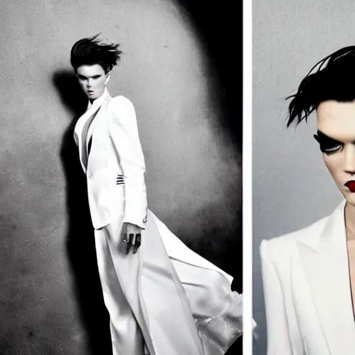 Image similar to beautiful portrait of androgynous ruby rose as desire from sandman in a white tuxedo!!!, rockabilly style,, by alphonse mucha, by jeremy mann, by peter lindbergh, cedric peyravernay, by frank moth, white suit and black tie, soft lightning, high detailed, 8 k