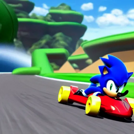 Prompt: sonic the hedgehog racing a go kart in space