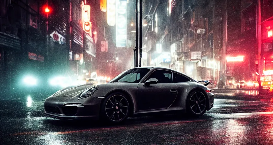 Image similar to close up macro shot of a porsche 9 1 1 car on wet city street at night, intricate, hyper detailed, smooth, high contrast, neon, volumetric lighting, octane, moebius, greg rutkowski, blade runner, ripley scott, cindmatic