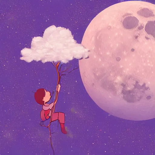 Prompt: A child, climbing on a tree made out of cotton candy on the moon, digital art