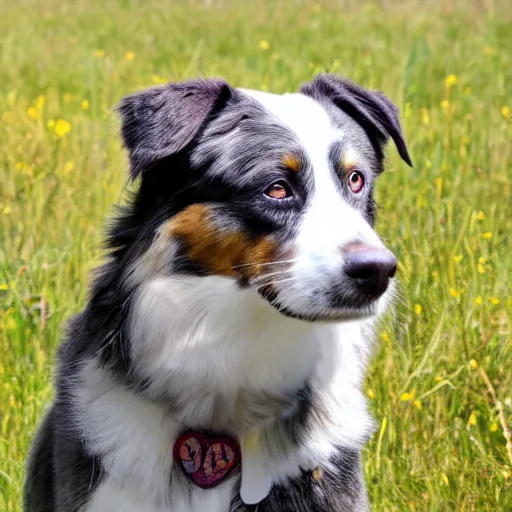 Prompt: australian shepherd with one eyepatch in a field on a sunny day