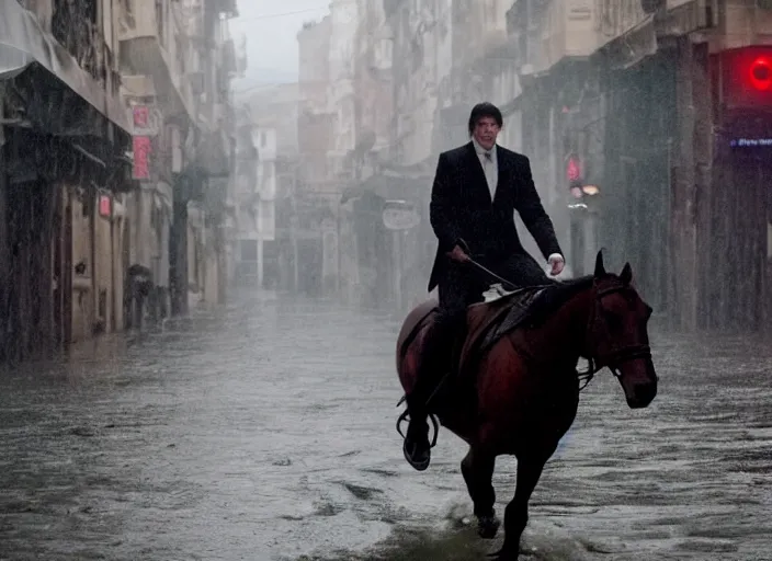 Prompt: first official image from bond 2 6, starring adam driver as agent 0 0 7, riding a horse through the streets of valparaiso, chile in heavy rain. directed by alejandro inarritu. stunning cinematography, kodak vision 2 0 0 t, high contrast, anamorphic lens, chromatic aberration.