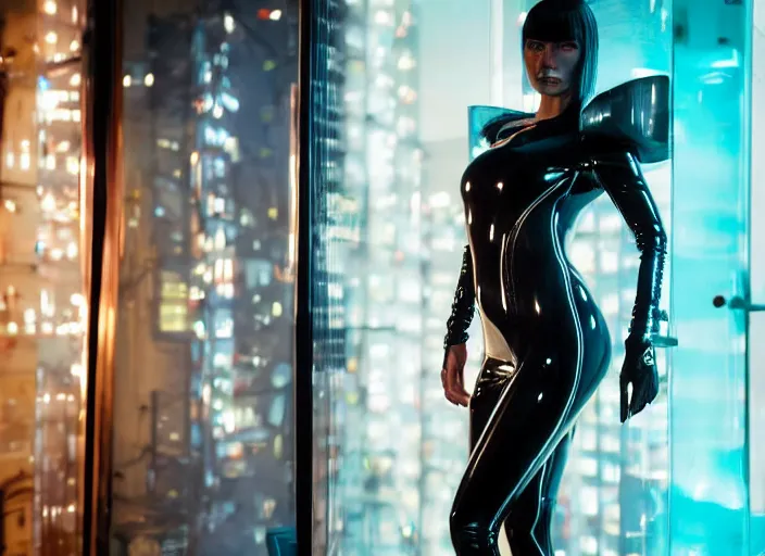 Image similar to a close - up of cyberpunk european man women with black eyes and pretty face wearing latex catsuit and lots of transparent and cellophane accessories, blue hour, twilight, cool, unsettling set design with extreme detail, moody cinematography, crisp, by mayumi hosokura