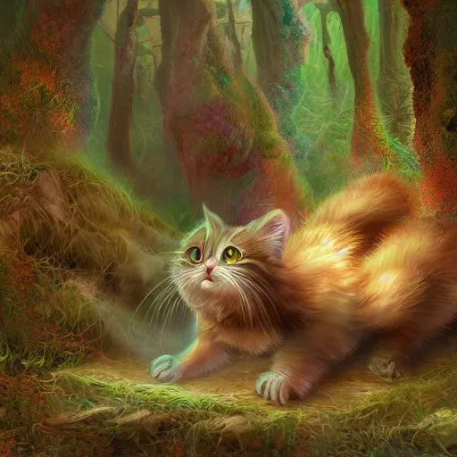 Image similar to rescue from the underworld, highly detailed, by tyler roswell, shadows of the past, chubby moss kitten, digital painting, HDRI, by jeff easley, vivid colors, high contrast, 8k resolution, intricate, photorealistic, smooth