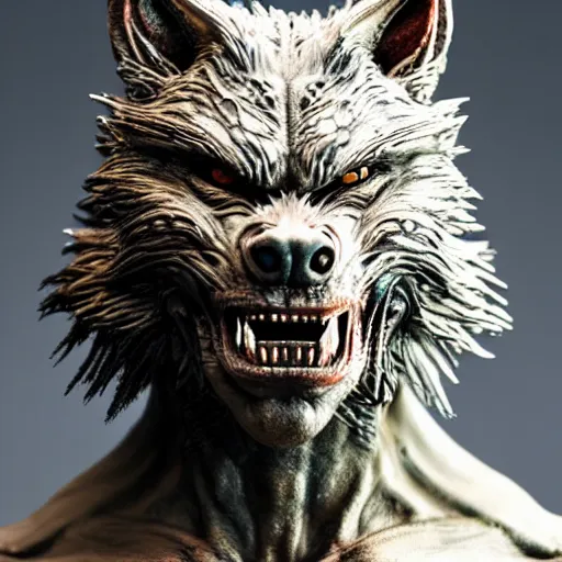 Image similar to photo taken of an epic intricate, ultra detailed, super realistic gritty, terrifying, lifelike bust sculpture of a werewolf creature design, created by weta workshop, zoomed in shots, photorealistic, sharp focus, white wall coloured workshop, cold colour temperture, f 0. 4, face centred