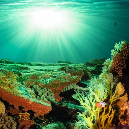 Prompt: british underwater seascape, wide angle, biogenic reefs habitat, rays of sunshine