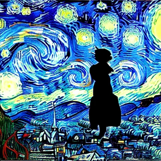 Image similar to silhouette of a flying girl with an umbrella in the style of starry nights. van gogh, cinematic composition. art station is on trend. beautiful lighting, super - detailed.