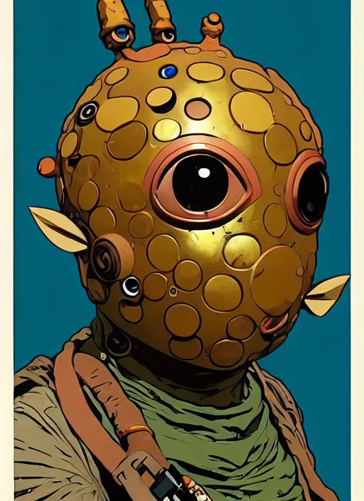 Prompt: biopunk goron mask link from zelda!! portrait illustration, pop art, splash painting, art by geof darrow, ashley wood, alphonse mucha, makoto shinkai