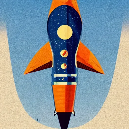 Prompt: blue v2 rocket in space in tin tin style, fruit orange as a planet, intricate sci-fi poster by Denis Villeneuve