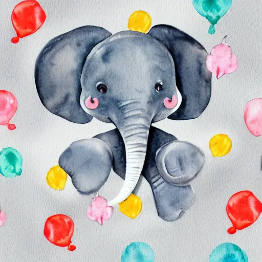 Image similar to watercolor gray baby elephant with trunk up in air and confetti flying in air, white background, blank background