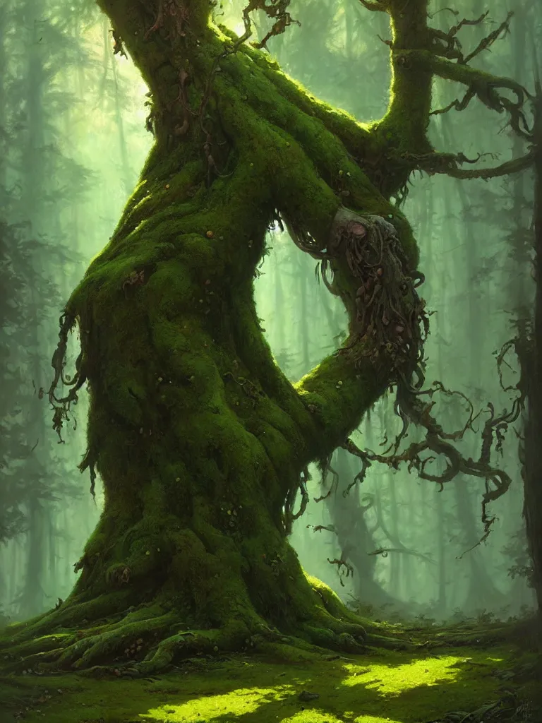 Prompt: great fat tree with a moss in the woods by bayard wu, anna podedworna, gaston bussiere, greg rutkowski