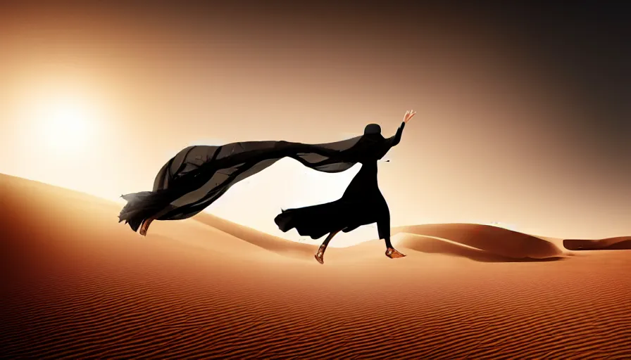 Image similar to arab woman in niqab floating mid - air in the desert, light, shadows, rippling reflections, steam, epic composition, intricate, elegant, volumetric lighting, digital painting, highly detailed, artstation, sharp focus, illustration, concept art, ruan jia, steve mccurry