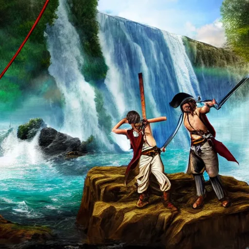 Image similar to two pirates having a sword duel on top of a rope bridge in front of a large waterfall, digital art