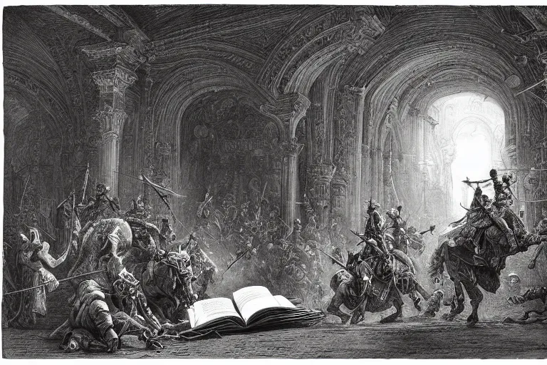 Image similar to highly detailed painting of big opened book, don quixote leave the book, symmetrical, masterpiece, by gene wolfe, highly detailed painting by gustave dore