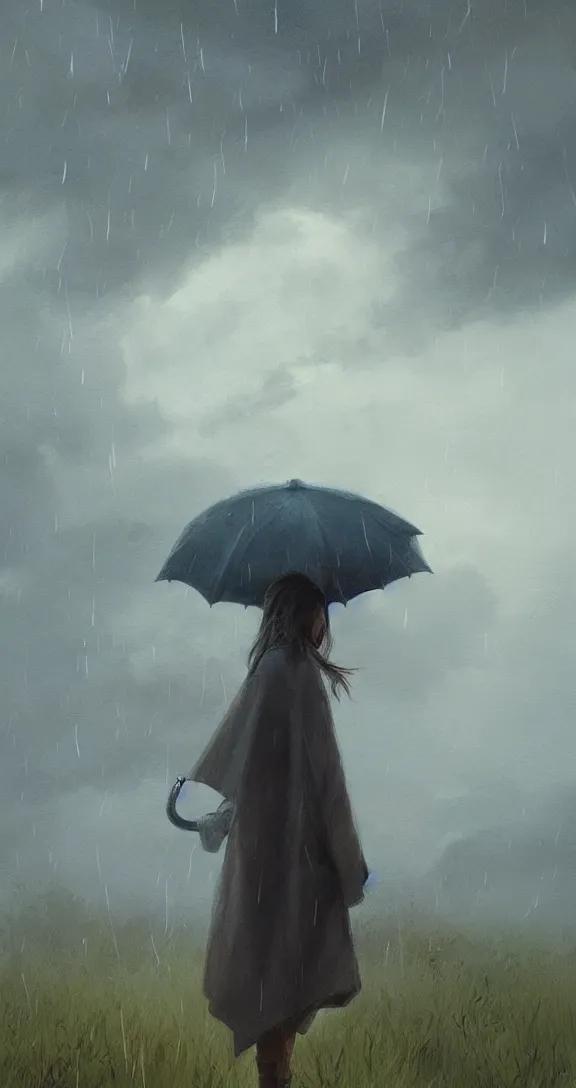 Prompt: Holding an umbrella and standing in a thunderstorm in the prairie, pretty, by Studio Ghibli and Greg Rutkowski, artstation