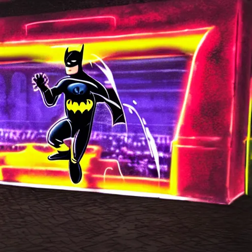 Prompt: batman playing soccer in a crowded space stadium with neon lighting hyperrealistic