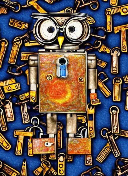 Image similar to colored pencil and pen drawing of an animatronic robot owl, bird made from rusty old keys and padlocks, space background, 8 k photorender realityengine