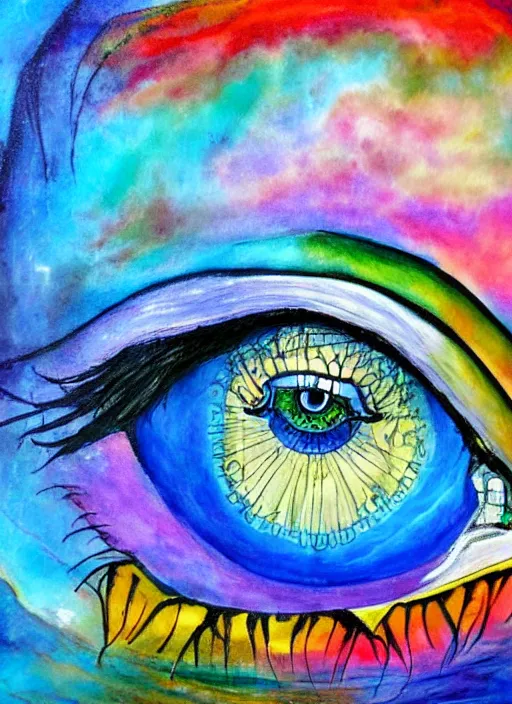 Image similar to a beautiful painting of a single all-knowing eye in a cloudy sky, visionary art, beautiful colors