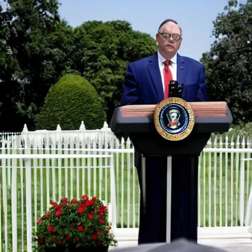 Prompt: President Tim Curry addresses the media behind a podium in the White House Rose Garden, associated press photo, photojournalism