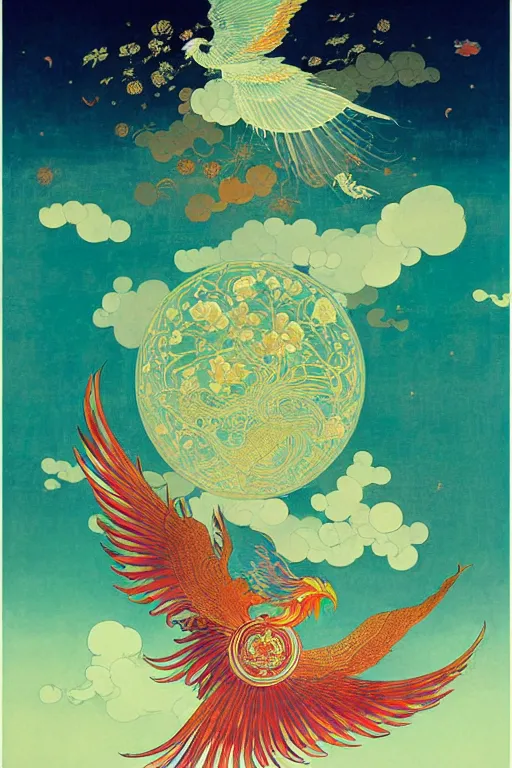 Image similar to victo ngai and lfons mucha painting of a phoenix in the sky, chinese style