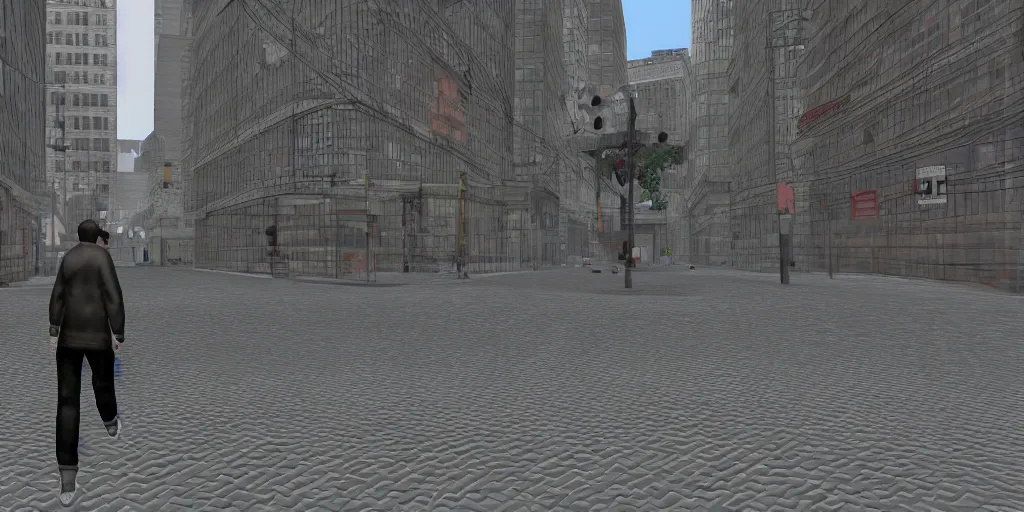 Image similar to PS1 game, third person, man walking through city, static white noise glitching in the sky