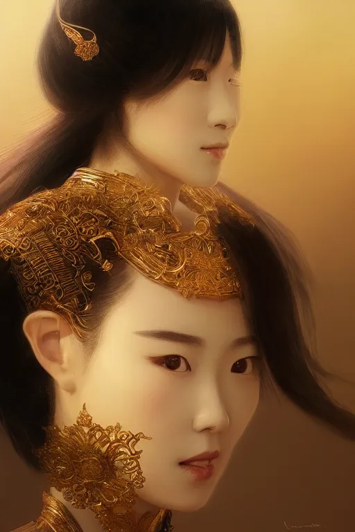 Image similar to Japanese princess, gorgeous, close-up portrait, intricate, elegant, volumetric lighting, scenery, digital painting, highly detailed, artstation, sharp focus, illustration, concept art, ruan jia, steve mccurry