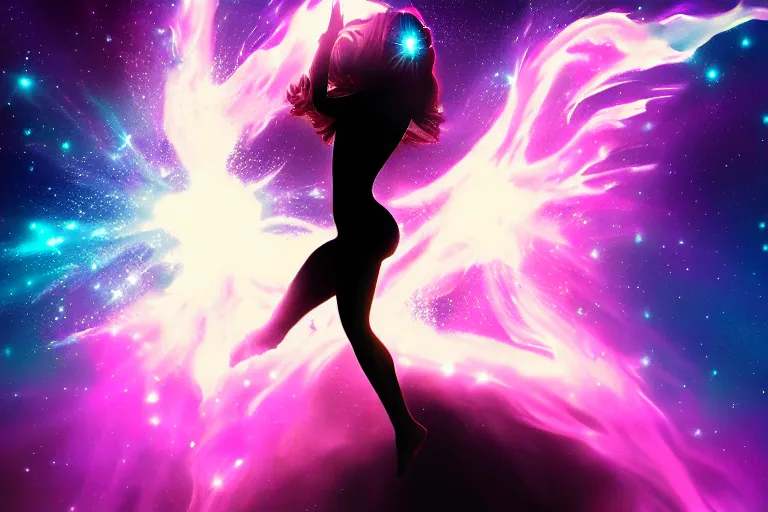 Prompt: silhouette of a girl suspended underwater with long hair, she's exploding into incredible stars and nebula, lens glare, dramatic abstract digital painting, dramatic composition, matte colors, trending on artstation