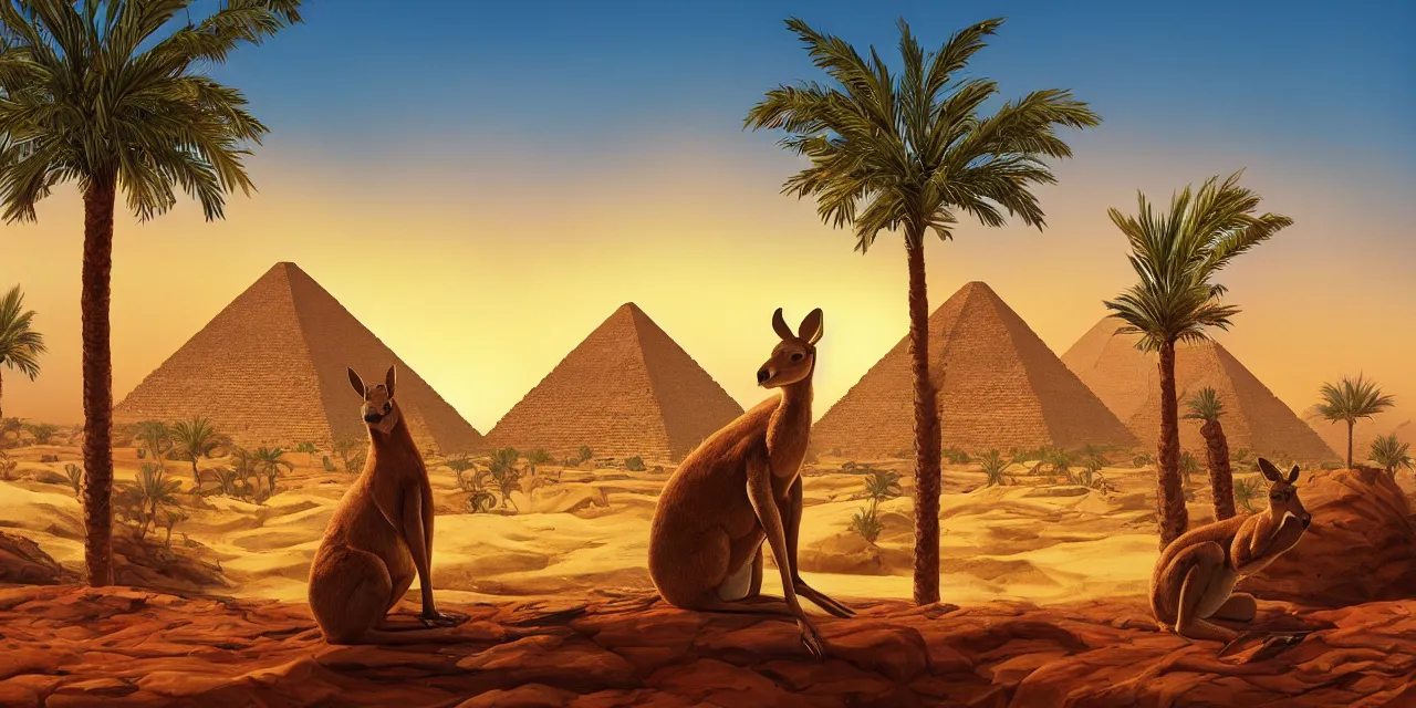 Image similar to a professional portrait, of an anthropomorphic kangaroo sitting outside of an ancient egyptian pyramid, tropical palm trees and eucalyptus trees everywhere, rocky desert cliffs in background, sunset, sunrays, cinematic lighting, ancient egyptian architecture buildings, detailed, artstation, omni magazine, orange sky,