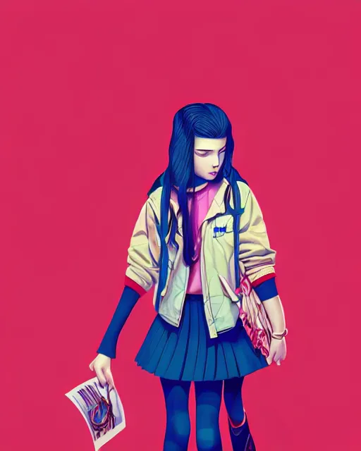 Image similar to richly detailed color illustration of a young truant female loner prep highschool student surrounded by beautiful penstriping large format image illustrated by artgerm and mina petrovic and timothy kong and marina federovna 3 d shadowing.