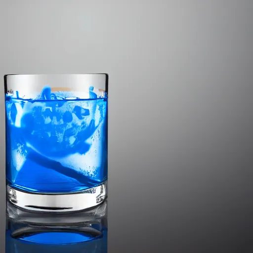 Prompt: a photograph of a cocktail glass with a blue liquid in it, floating in the glass is a illustration of geralt of rivia