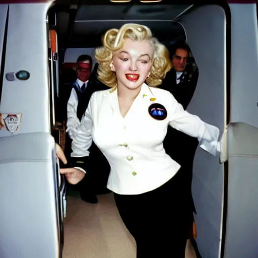 Image similar to a cheap point and shoot camera photography of marilyn monroe as a flight attendent in 1998