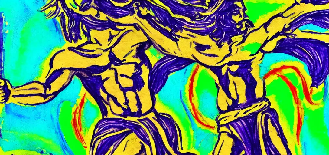 Image similar to an abstract spiritual background, a multiracial greek god dancing with mortals, green eyes. high contrast lines, great detail. 2 4 mm, photorealistic, saturated color scheme