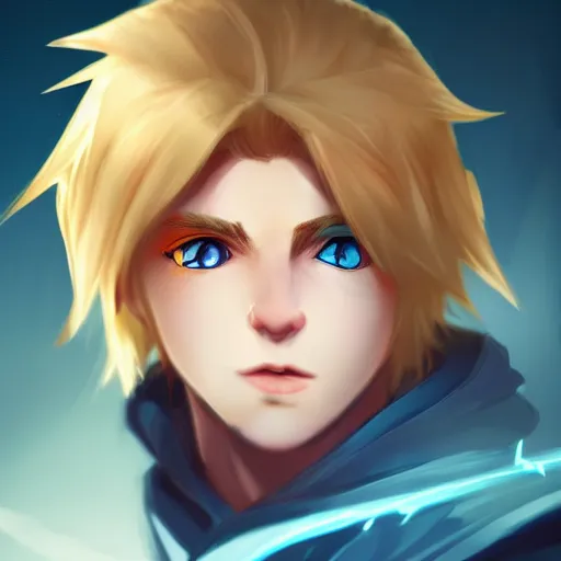 Prompt: league of legends character style of teenager cute boy, blonde hair, blue eyes, shows magic, close up, cinematic light, dark room, detailed, photo, 8K