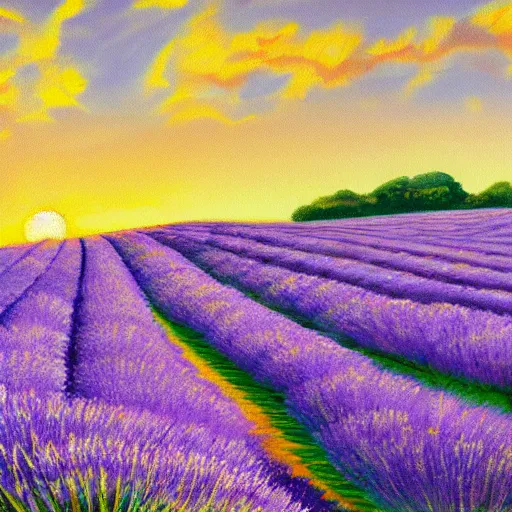 Image similar to painting of lavender field, highly detailed, golden hour