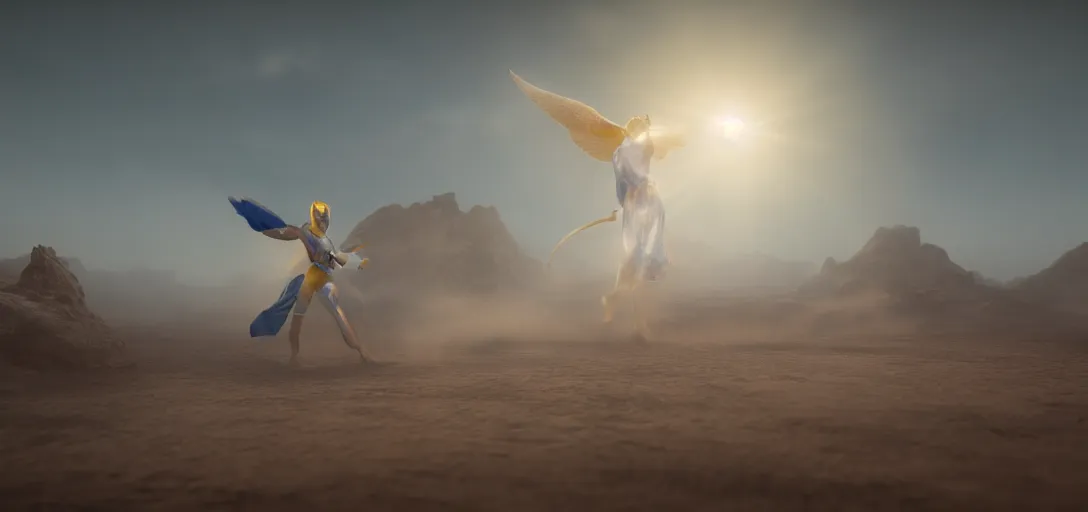 Prompt: an angel in blue and yellow robes fighting a best in a desert, luminescent eyes, sunny weather, rendered in octane, realistic, 8 k, vivid, intricate, detailed, mist, fog, dramatic light