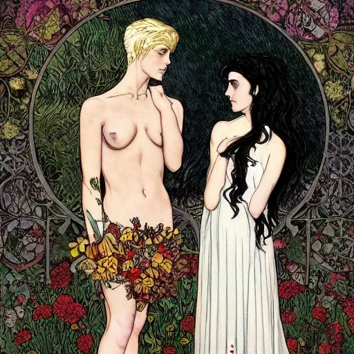 Image similar to stoic heroic emotionless blond butch tomboy woman, standing side by side with taller goth black - haired dark fae jennifer connelly, in love, romantic in romantic garden, mike mignogna, illustration, pen and ink, oil painting, highly detailed, mucha