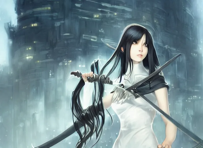 Image similar to girl with long black hair and a long black sword in front of a sci fi cityscape, ryohei fuke, makoto shinkai, detailed, cinematic, ultra - wide angle, dark sepia toned shading, luminescent eyes, detailed face, blue fire, trending on artstation, artgerm, wlop.