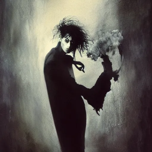 Image similar to gaunt ( the cure fan ) as dream from sandman, by jeremy mann, by cedric peyravernay, by ben templesmith, by dave mckean and richard avedon, dramatic lightning, sadness, closed eyes, dark eye sockets, in the shadows, black t - shirt, 1 9 8 0's, punk rock, gothic, high detailed, 8 k