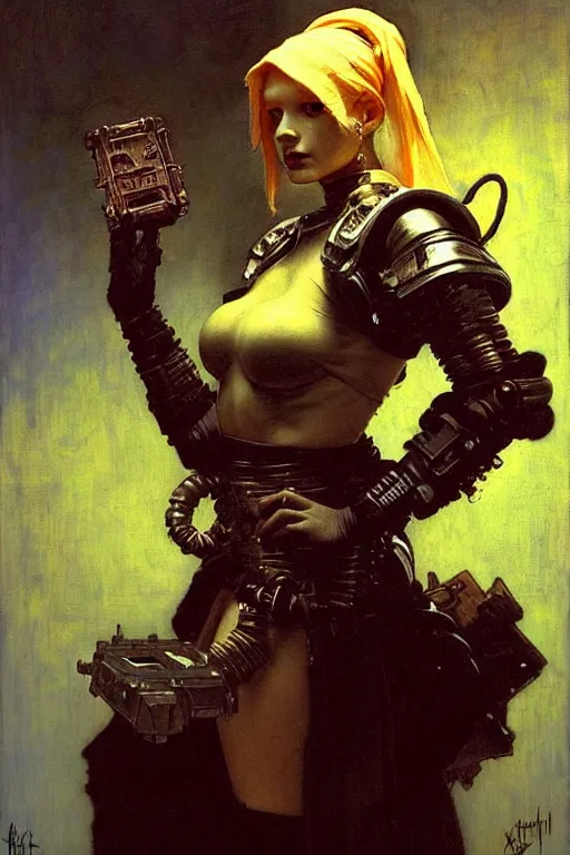 Prompt: full character portrait max mad cyberpunk warhammer 4 0 k, tech priest not the girl with the pearl earring character design, painting by gaston bussiere, katsuya terada, wyeth, greg rutkowski, craig mullins, ( ( ( ( ( vermeer ) ) ) ) ), frank frazetta, mucha, tom of finland, trending on artstation