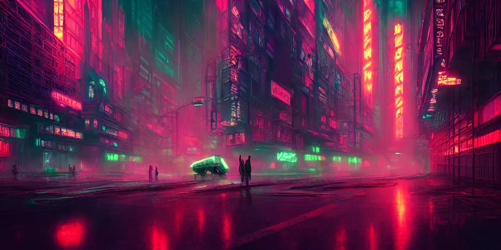 Image similar to concept art, octane render, a brooding, dystopian city, reflections, volumetric neon lighting, dramatic, emerald red neon glow, 8 k, ultra - hd, insanely detailed and intricate, hypermaximalist, elegant, ornate, by gerald brom, by syd mead, akihiko yoshida, doug chiang, cinematic