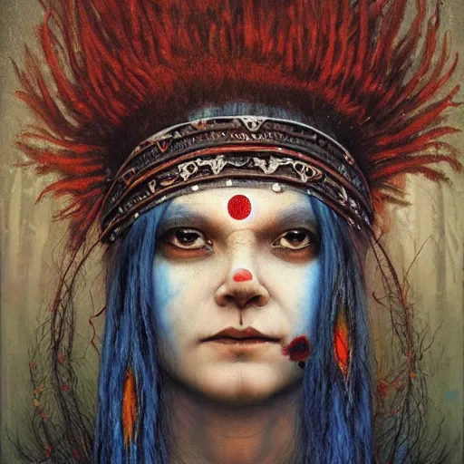 Image similar to A young blindfolded shaman woman with a decorated headband from which blood flows, in the style of heilung, blue hair and wood on her head. The background is a forest on fire, made by Esao Andrews and Karol Bak and Zdzislaw Beksinski,