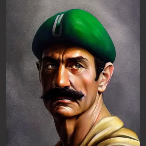 Image similar to An ultra realistic portrait painting of Luigi in the style of Frank Frazetta, 4k, Ultrarealistic, Highly Detailed, Dark Fantasy, Epic Lighting