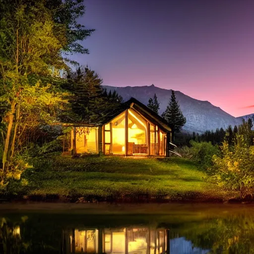 Prompt: A cottage with a big picture window light up by a lake Surrounded by trees and mountains in the background and beach chairs and trees in the foreground at night