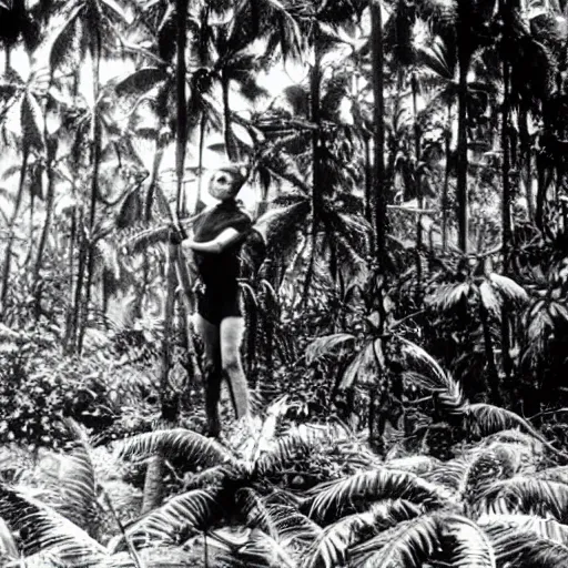 Image similar to a rizom lost film footage of a ( ( ( ( ( ( ( ( complex volume ) ) ) ) ) ) ) ) in the middle of the tropical jungle / tropicalism / tropicalism / tropicalism / film still / cinematic / enhanced / 1 9 2 0 s / black and white / grain