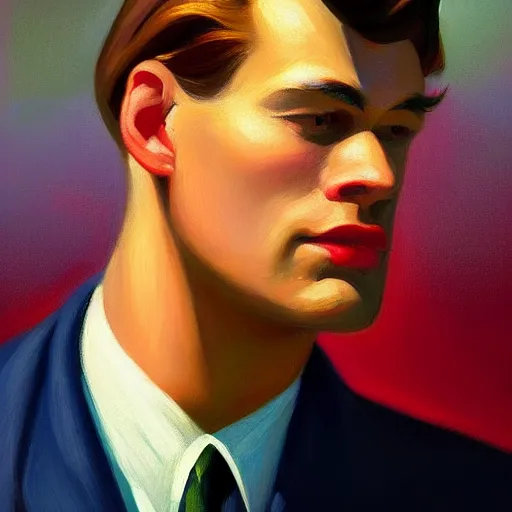 Prompt: A beautiful close-up of a man who looks like Harris Dickinson, dressed like in the 1940s, digital art by Edward Hopper, vibrant color scheme, highly detailed, in the style of romanticism, fine Art, high detail, great lighting, 8k resolution, masterpiece, concept art, illustration, clear eyes, soft lighting, soft details, painting oil on canvas, octane render, HDR, trending on artstation, 4k, 8k, HD
